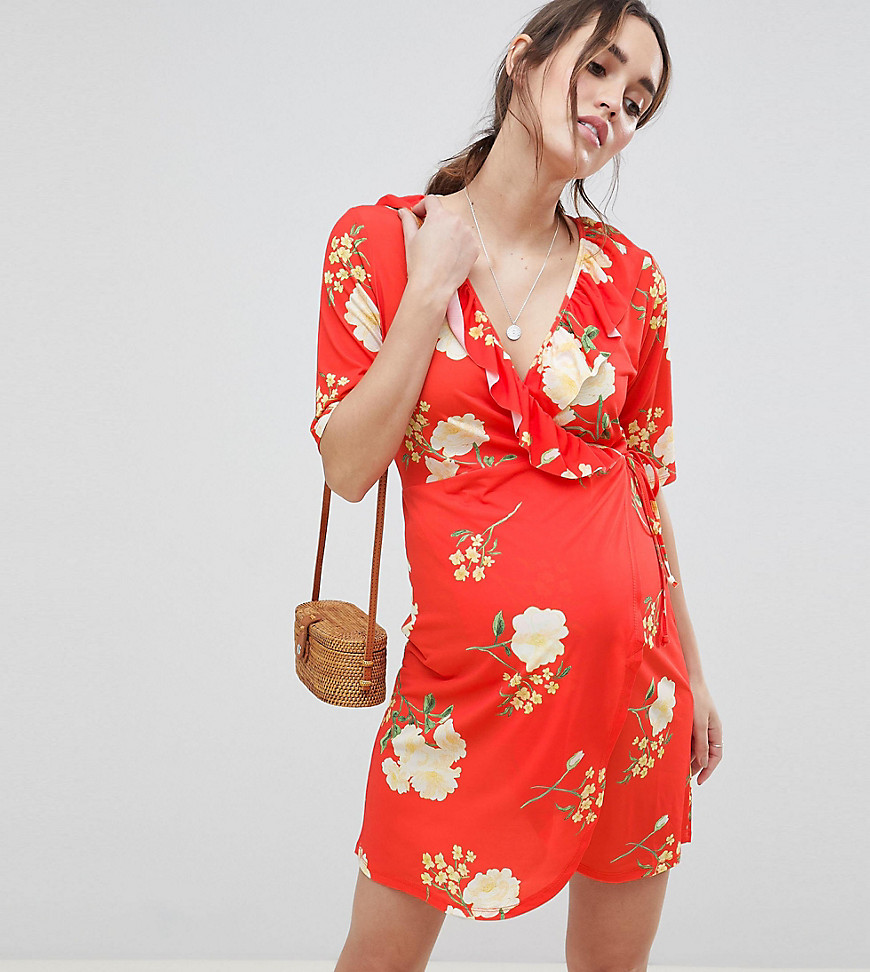 ASOS DESIGN Maternity Nursing wrap front tea dress with frill in floral print