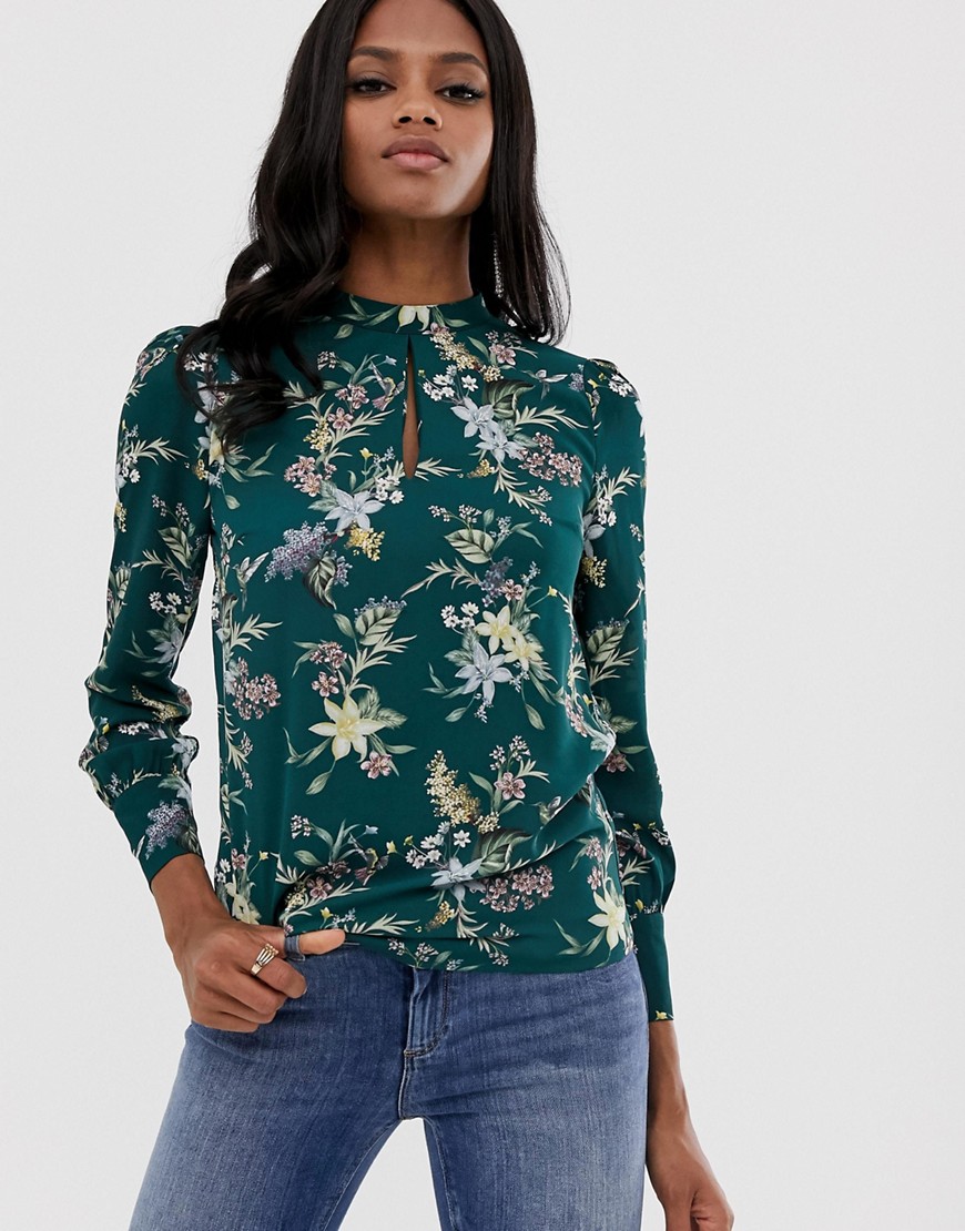 Oasis floral print keyhole blouse in green