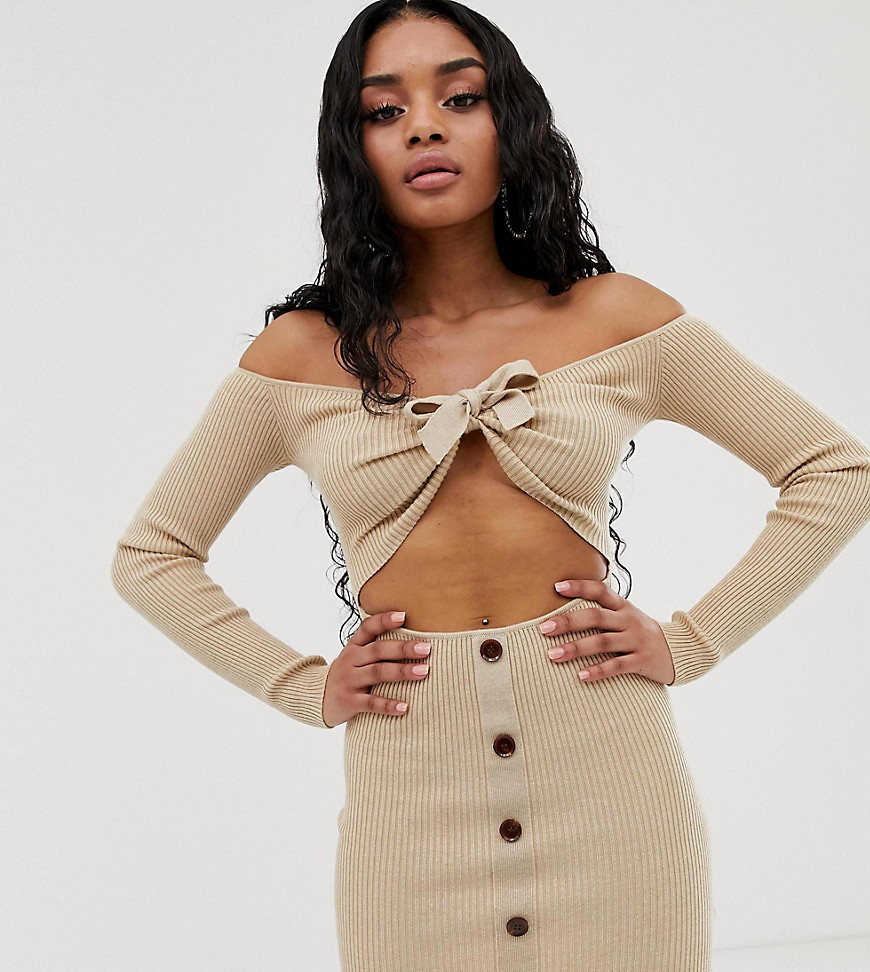 Missguided Petite knitted bardot mini dress with tie detail in beige