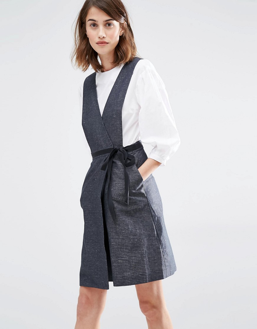 Warehouse Linen Mix Wrap Front Dress - Grey