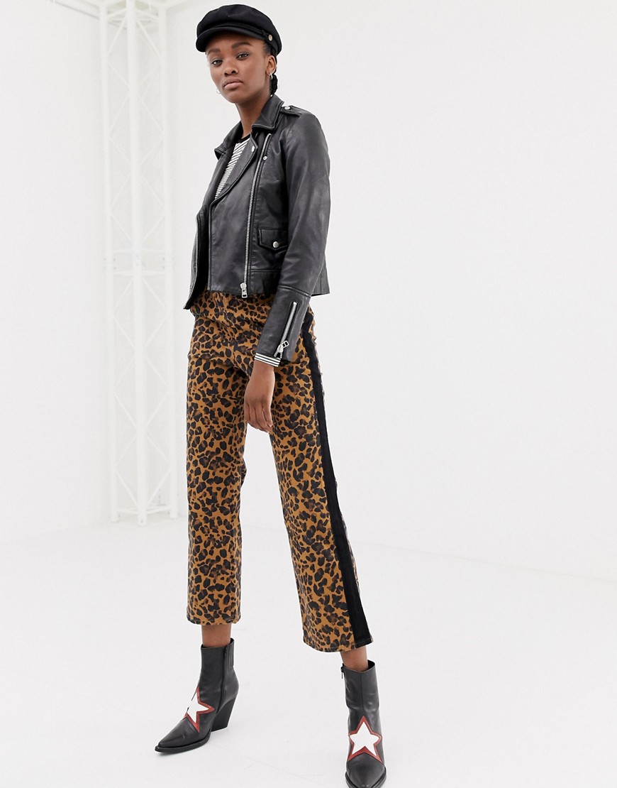Leon & Harper leopard straight trousers with contrast stripe - Camel