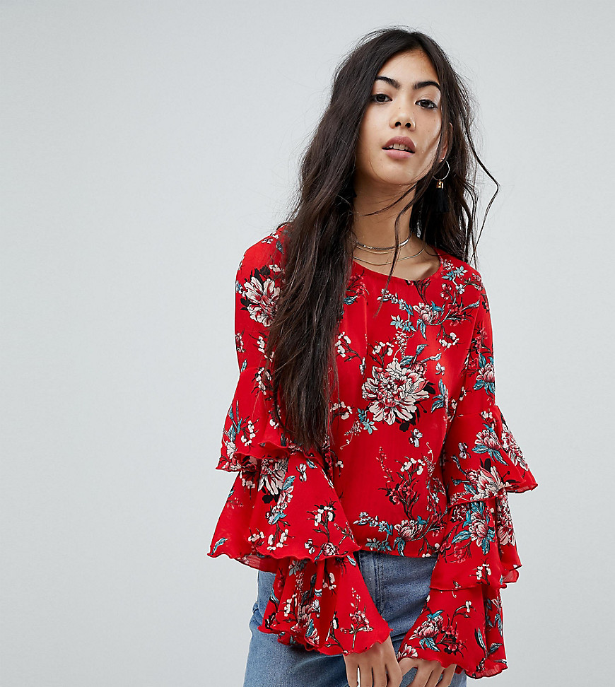 Glamorous Petite Top With Ruffle Layer Sleeves In Floral