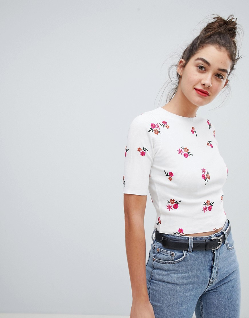 Asos Design Ribbed Top With Ditsy Floral Embroidery And Lettuce Hem-white