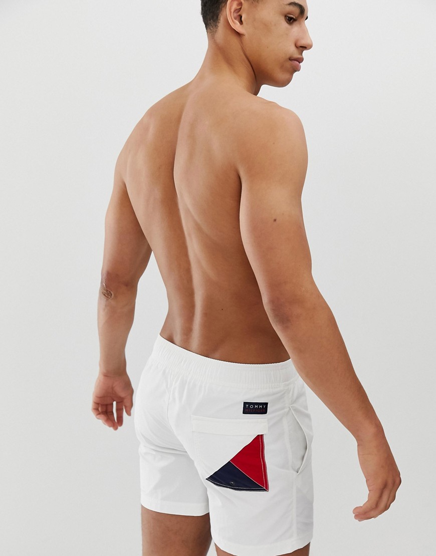 Tommy Hilfiger medium drawstring swim shorts with large icon flag logo in white