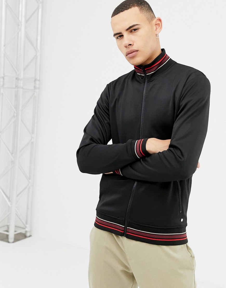 Solid sateen track jacket stripe collar and cuffs in black