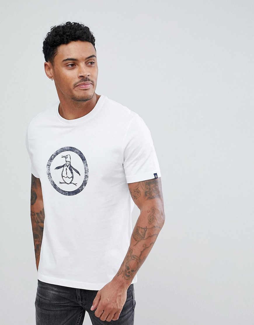 Original Penguin Distress Circle Logo Slim Fit T-shirt In White - White