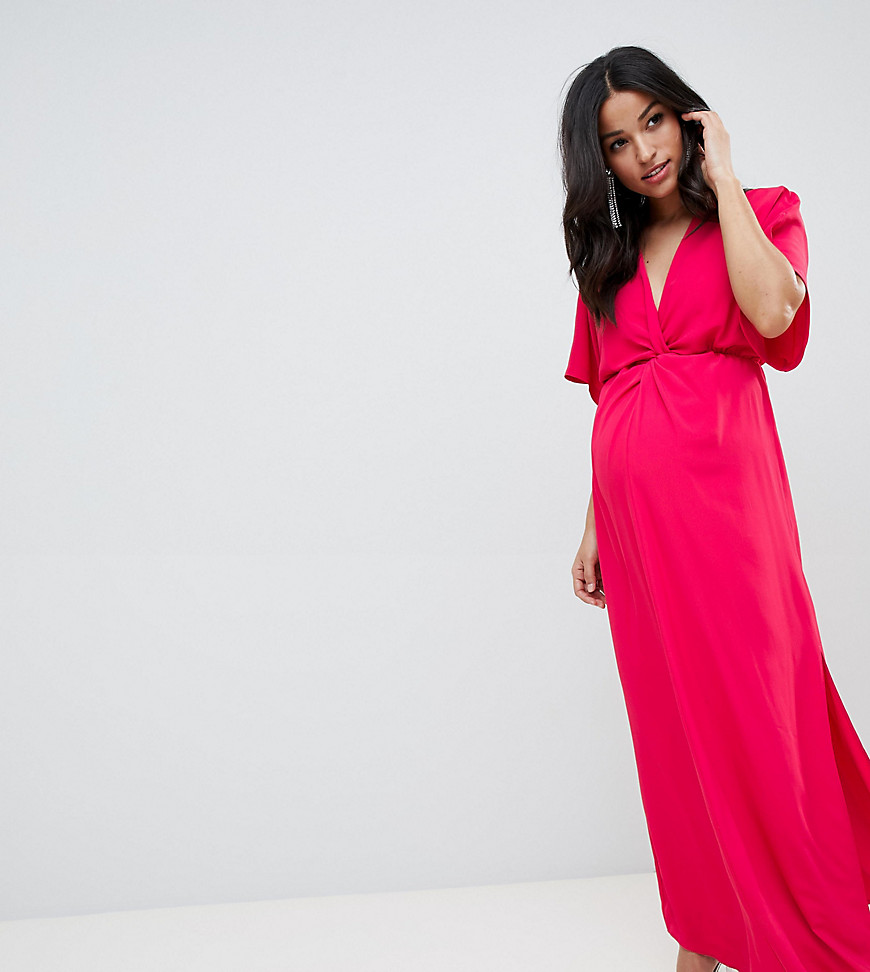 Queen Bee plunge knot front wrap maxi dress in pink - Pink fuschia