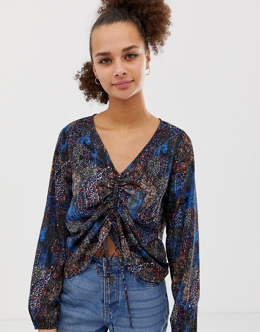 Noisy May mixed animal print ruched front blouse