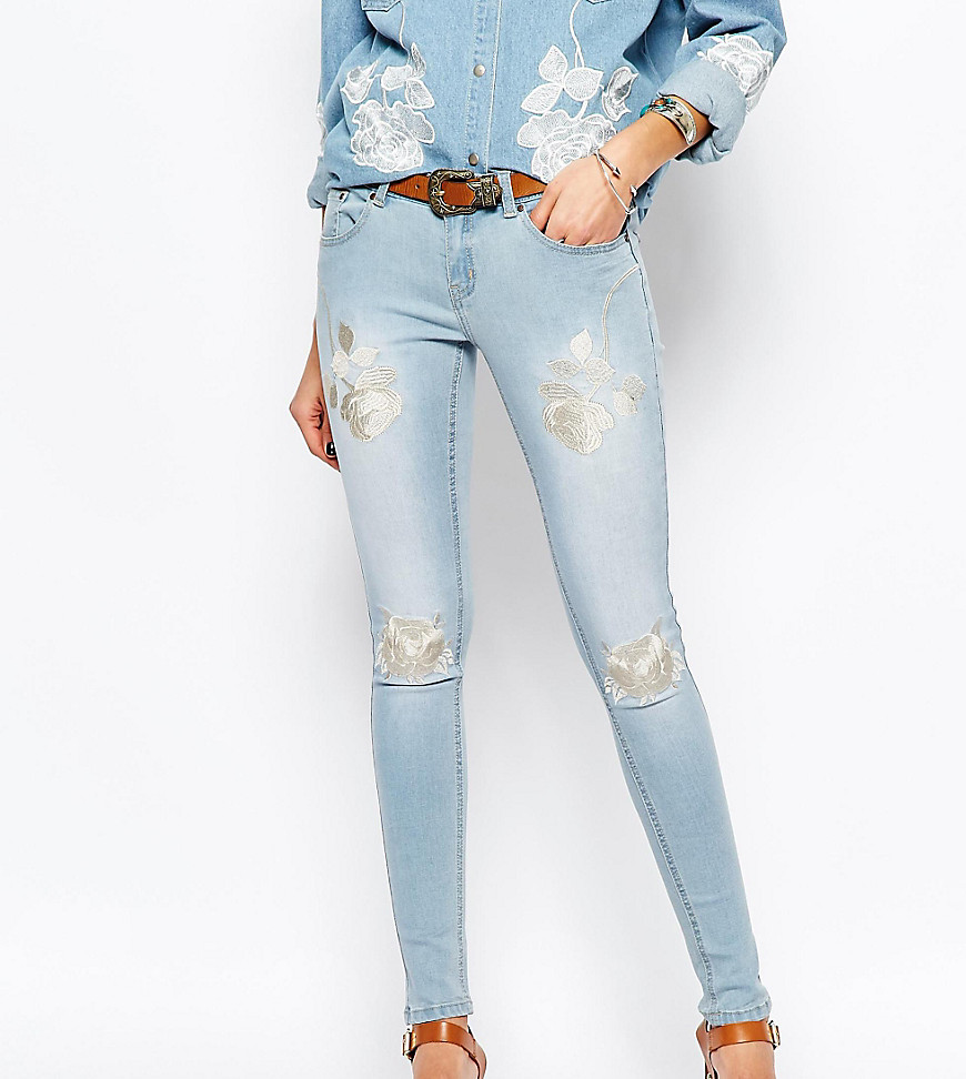 Liquor & Poker Skinny Jeans With Floral Embroidery - Blue