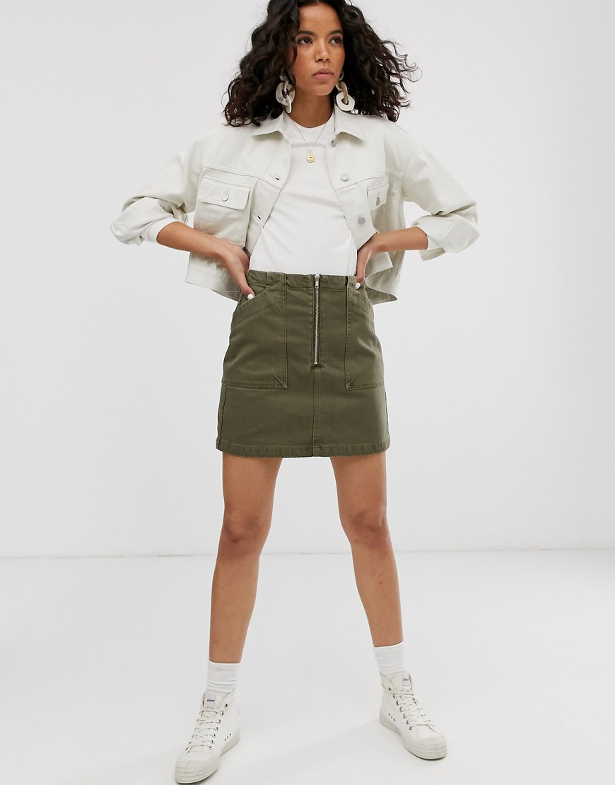 Weekday zip front mini denim skirt with oversized pockets in khaki