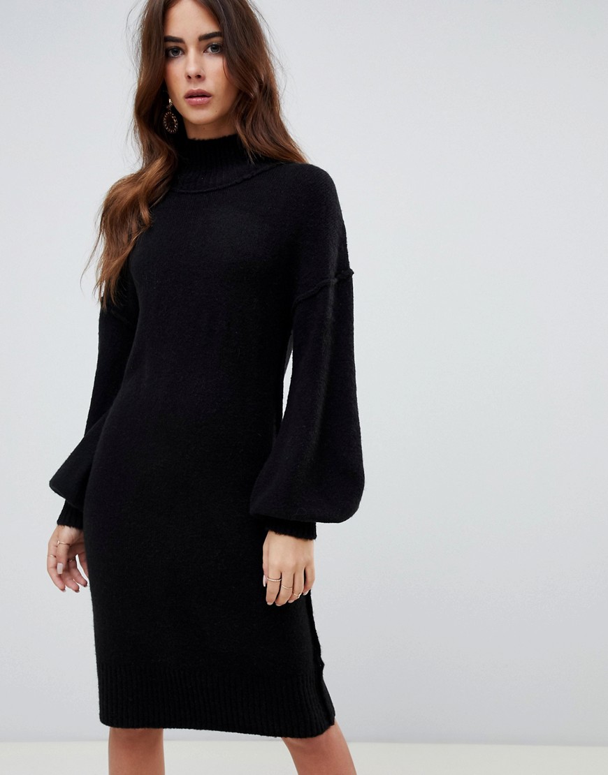 Fashion Union Knitted Dress With Balloon Sleeves - Black