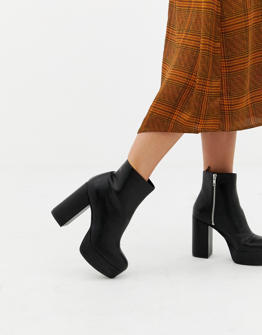 Monki zip heeled platform boot in black