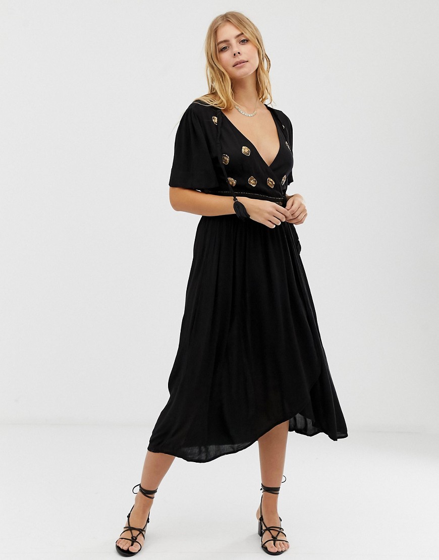 Raga A Touch Of Gold Embroidered Maxi Wrap Dress-black