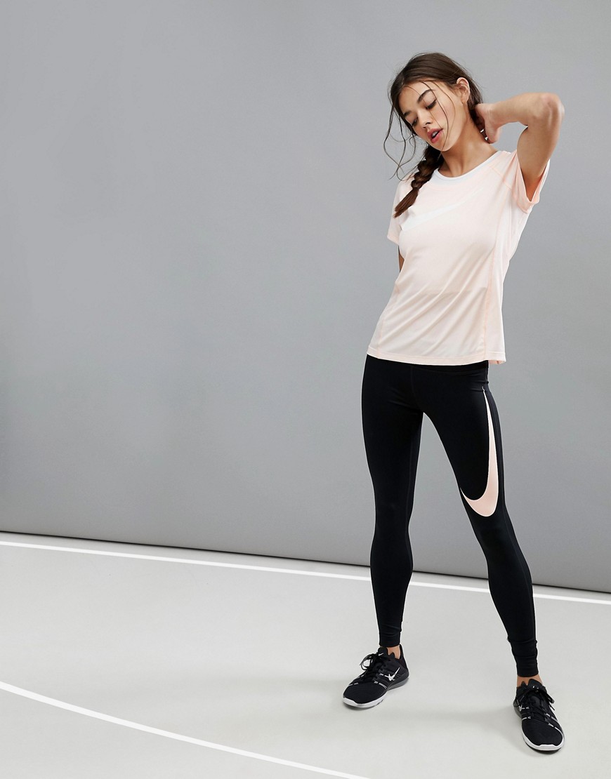 Nike Running Dri Fit Essential Legging With Pink Swoosh - Black/sunset
