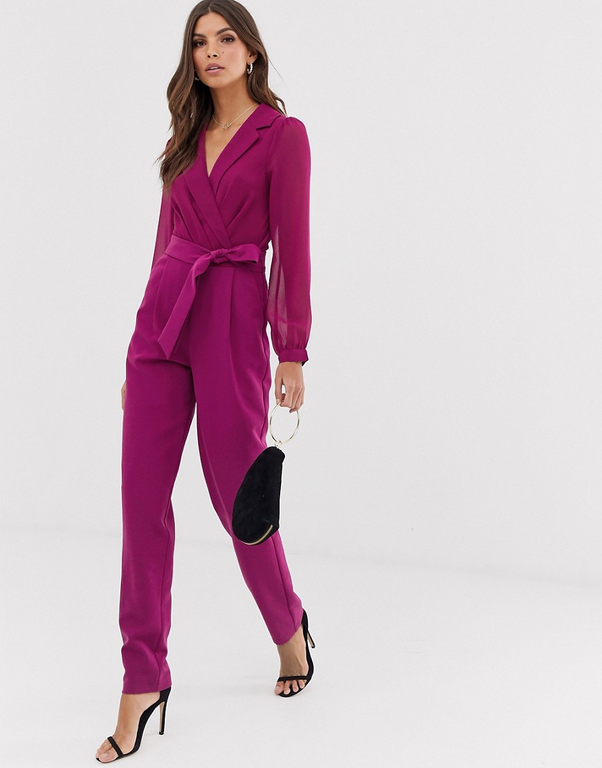 Paper Dolls tailored tux jumpsuit with tie waist in raspberry