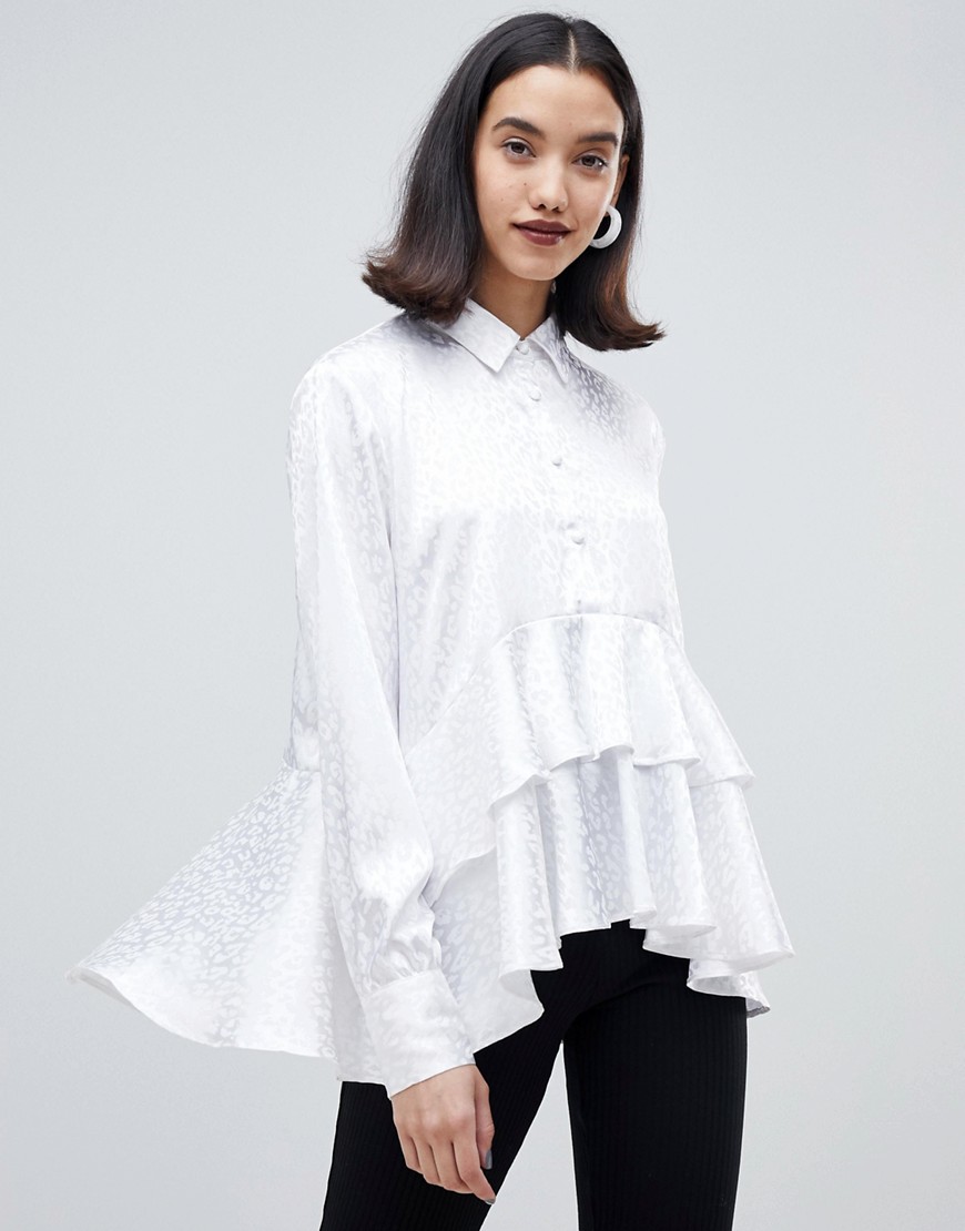 Lost Ink shirt with ruffle layer in tonal leopard print - White leopard