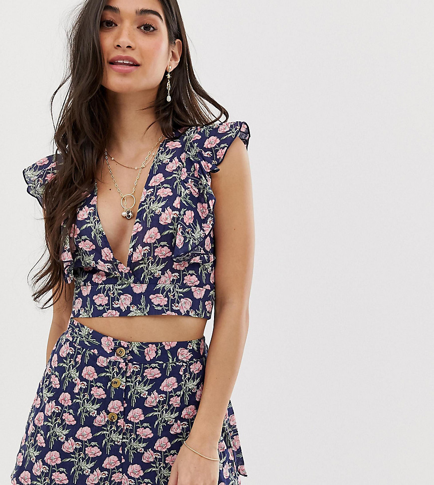 Sisters Of The Tribe Petite plunge front crop top in floral co-ord