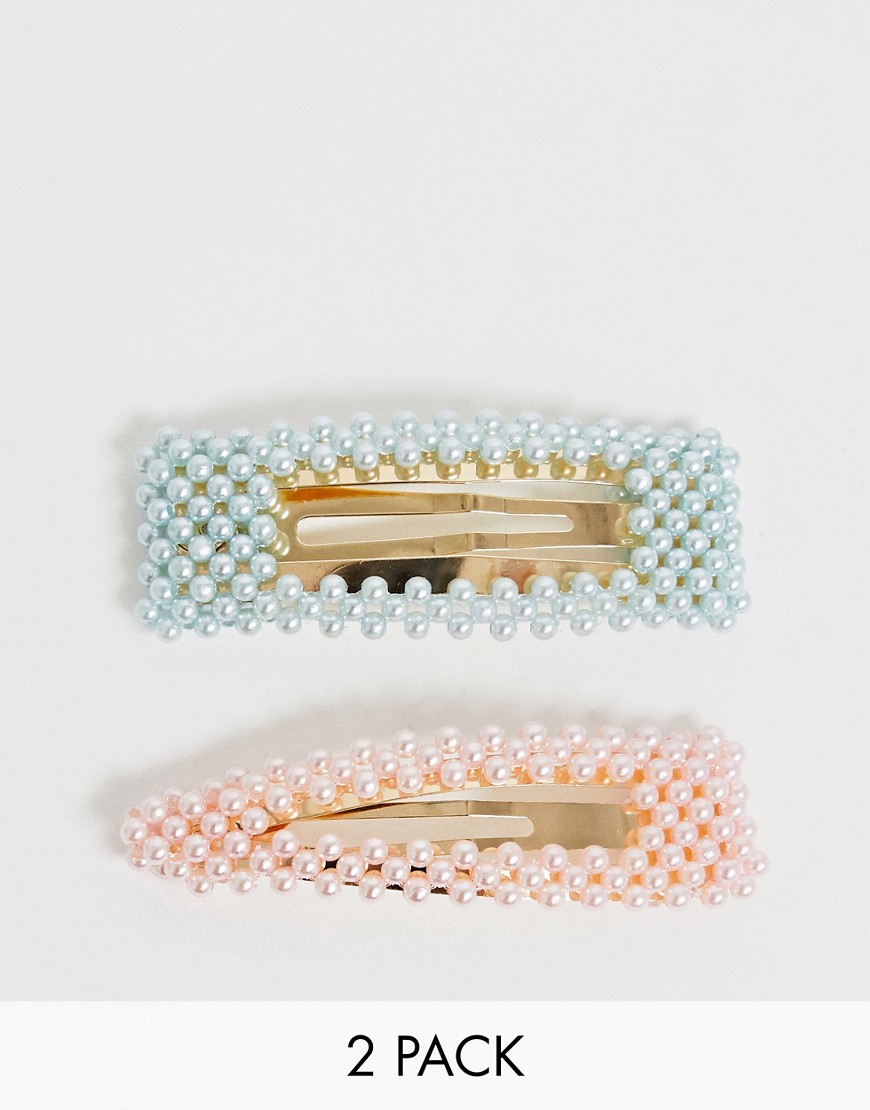 Stradivarius set of 2 hair-clips with pearls in pink & blue