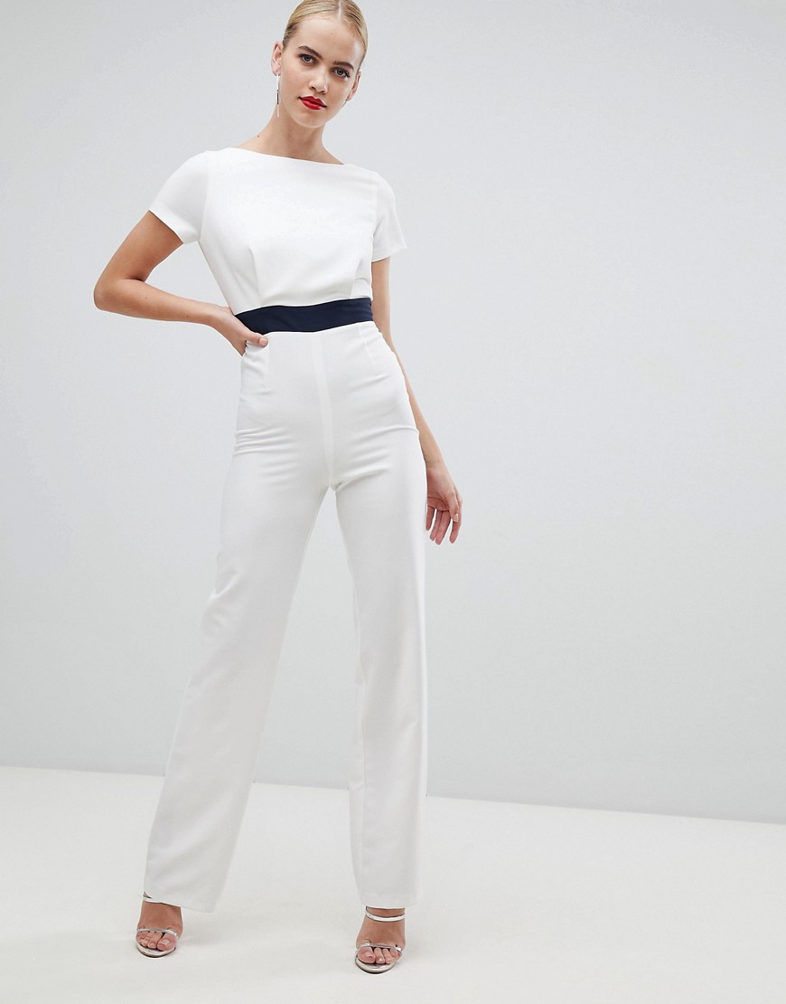 Vesper wide leg jumpsuit with contrast waistband in white