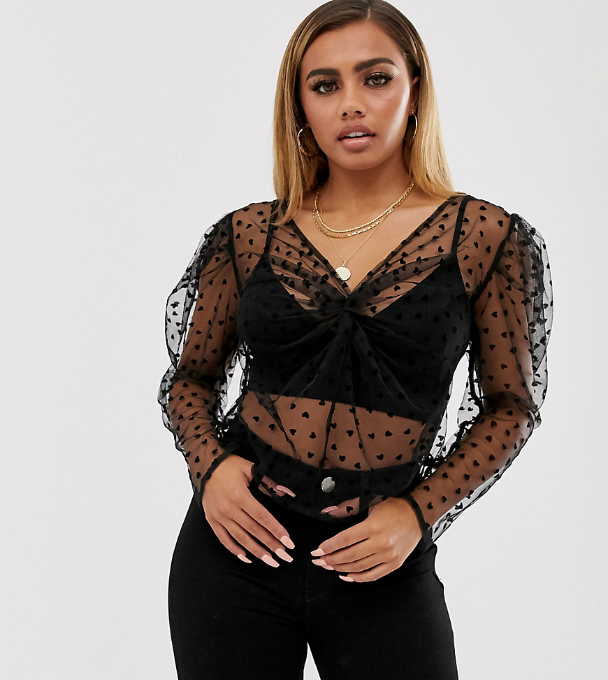 PrettyLittleThing Petite dobby mesh top with puff sleeve in black
