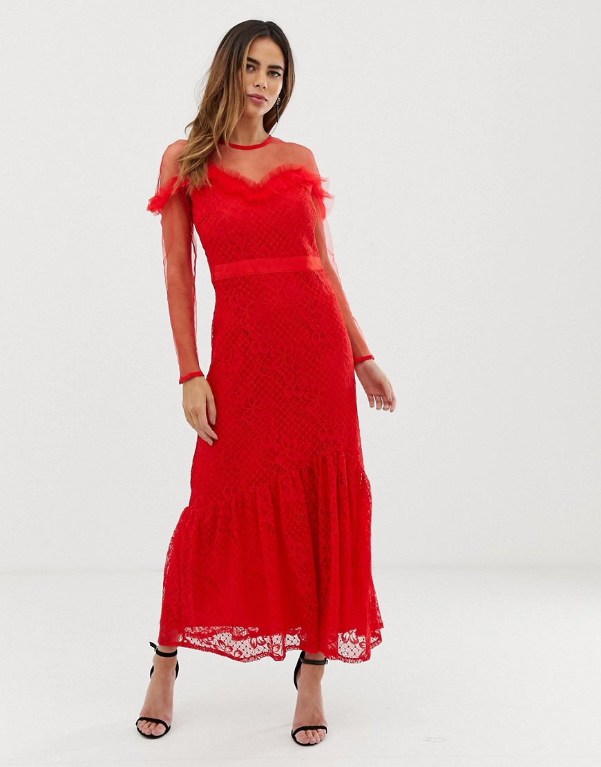 Liquorish Maxi Dress With Lace Overlay And Ruffle Detail-red