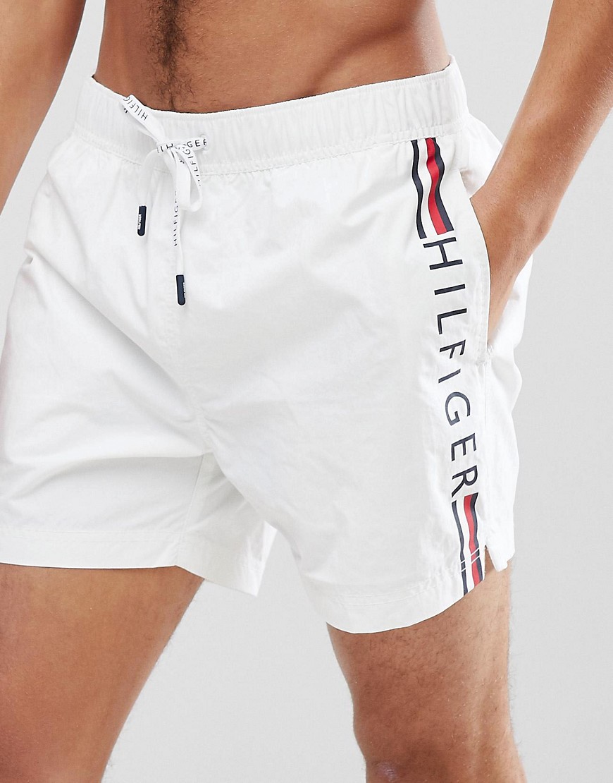 Tommy Hilfiger Short Drawstring Side Stripe Logo Swim Shorts in White - White
