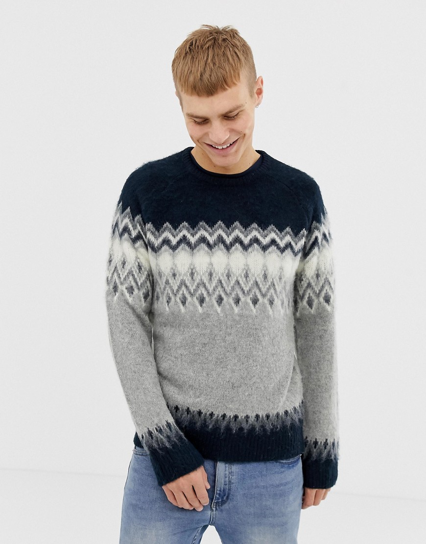Pier One fair isle jumper in navy and grey