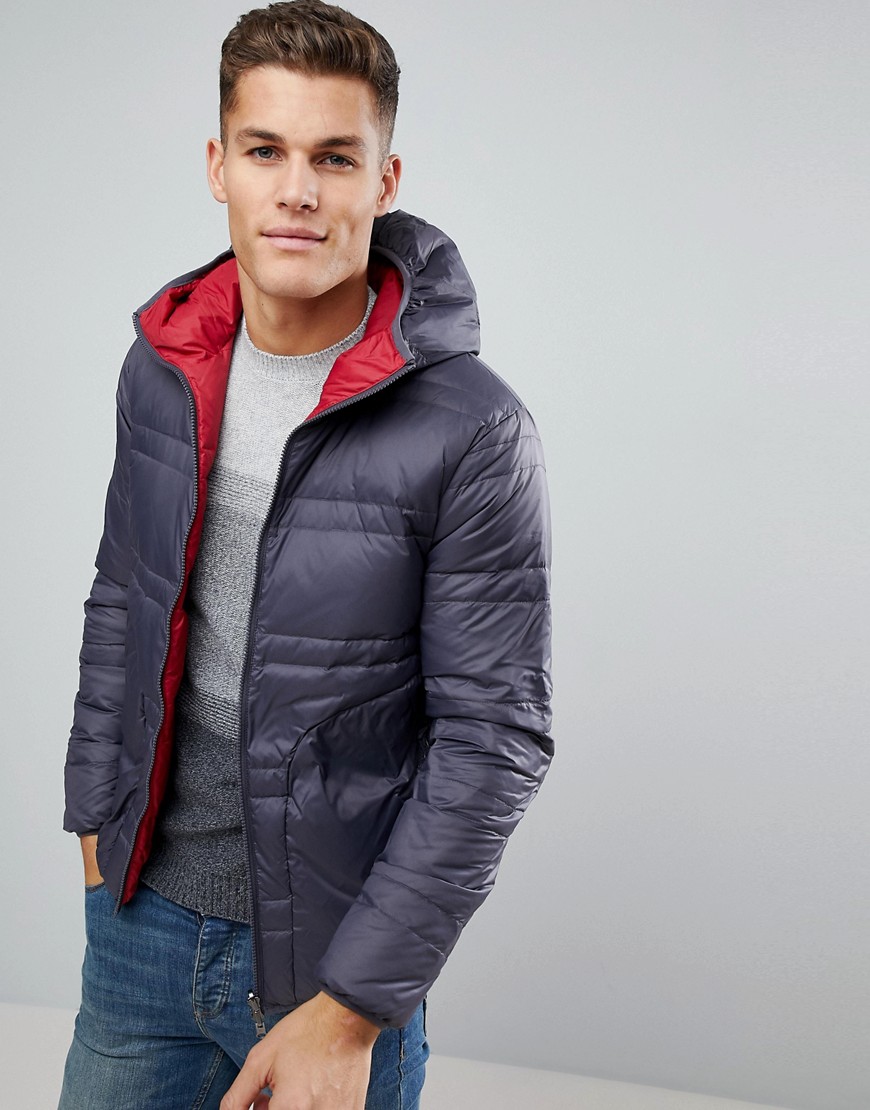 United Colors of Benetton Reversible Down Padded Jacket With Hood In Grey/Red