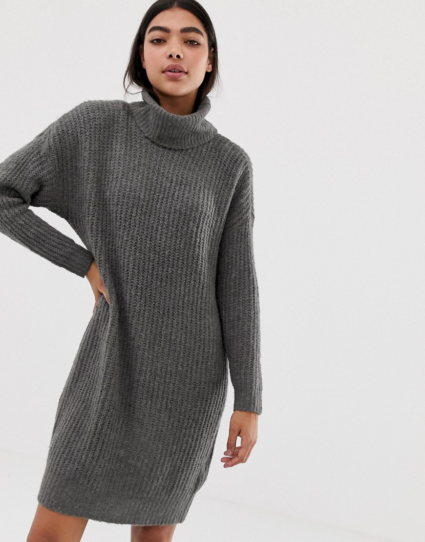 Only roll neck knitted mini jumper dress in grey
