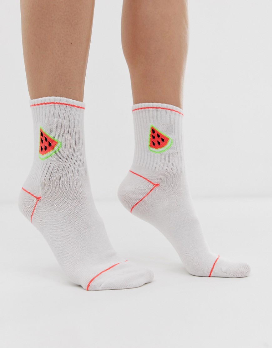 Monki sport sock with melon print in white