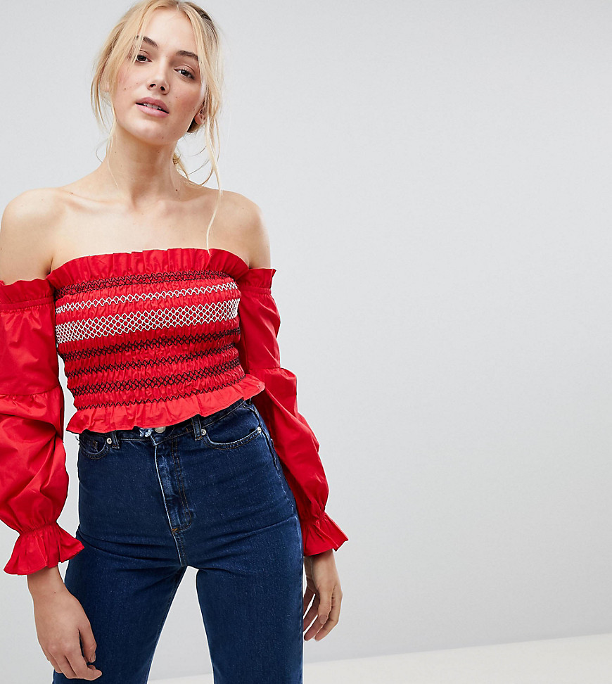 Fashion Union Tall Shirred Off Shoulder Crop Top With Balloon Sleeves