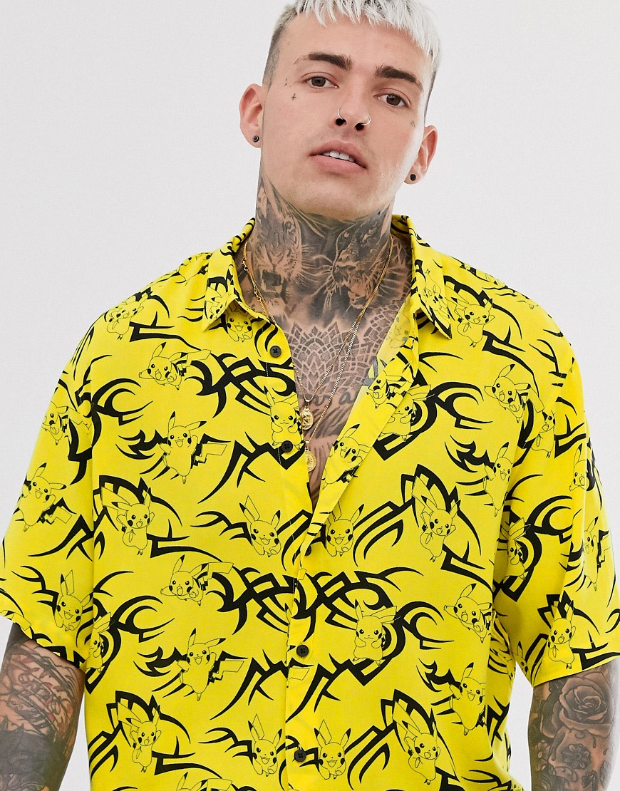 Bershka short sleeve Pokemon print shirt in yellow