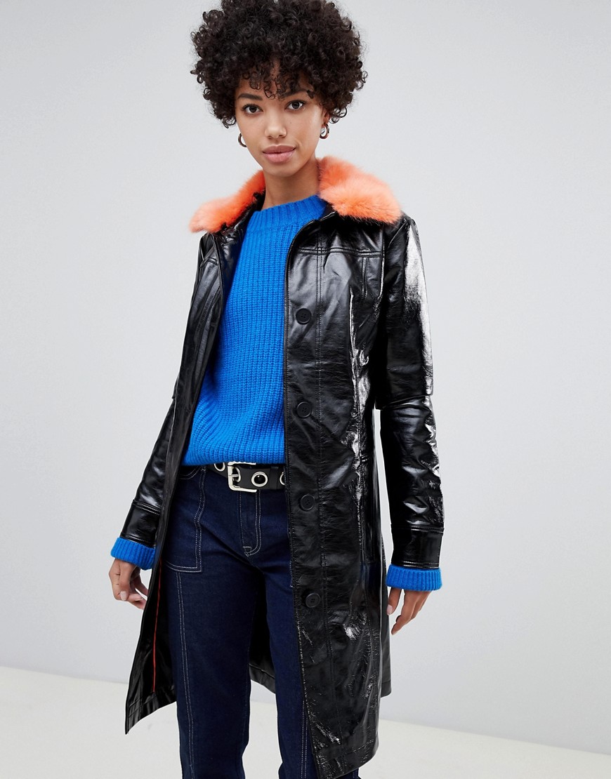 Pepe Jeans patent belted jacket with faux fur collar