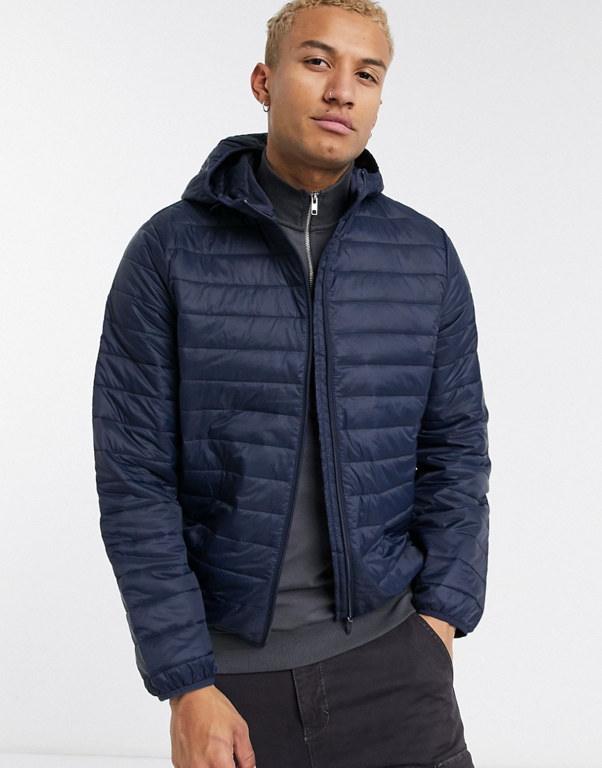 ASOS DESIGN liner puffer jacket with hood in navy