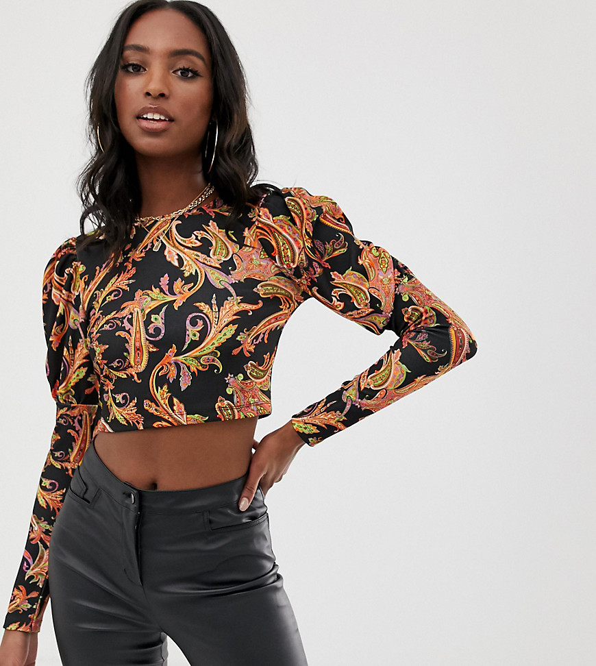 ASOS DESIGN Tall long sleeve top with puff sleeve in paisley print