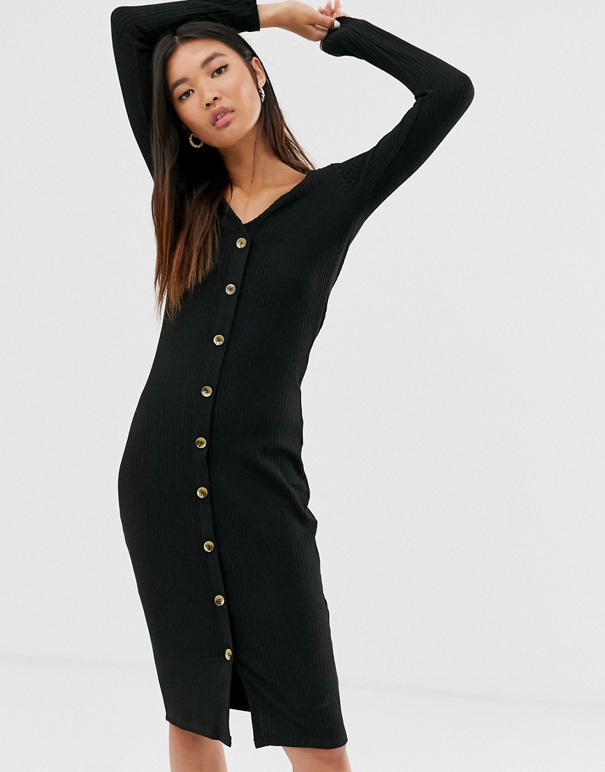 Only ribbed button through midi dress in black