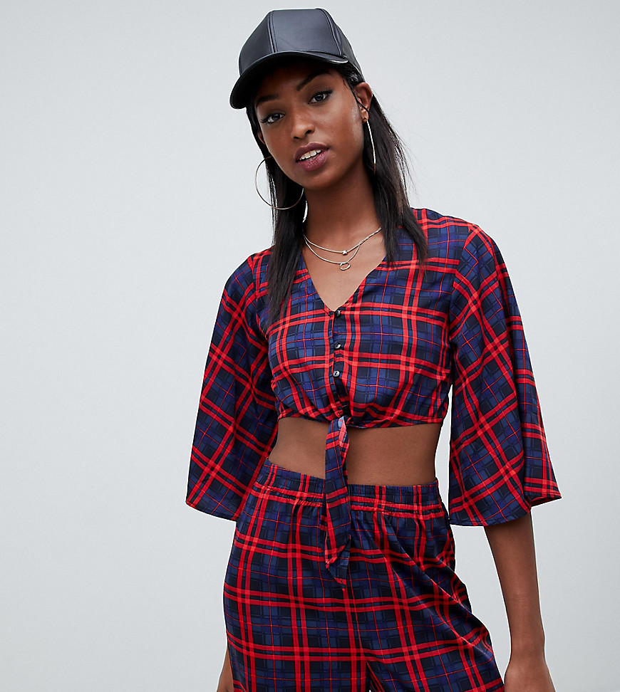 Noisy May Tall Tie Front Crop Top in Check Print