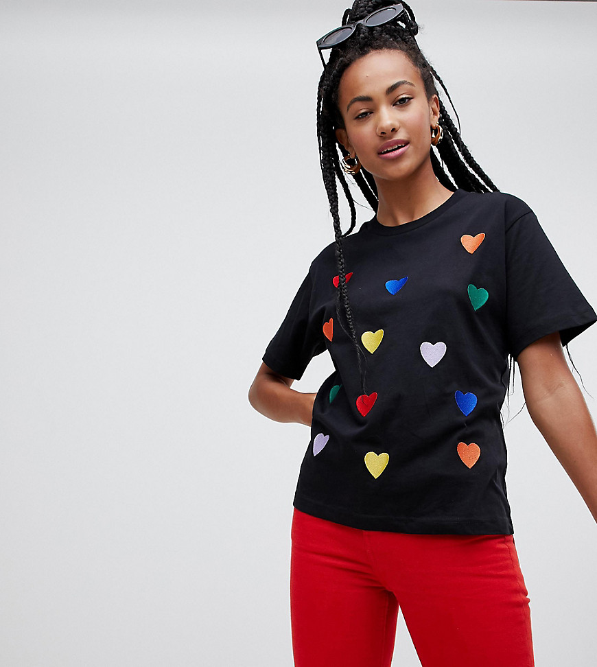Monki oversized rainbow heart embroidery t-shirt in black