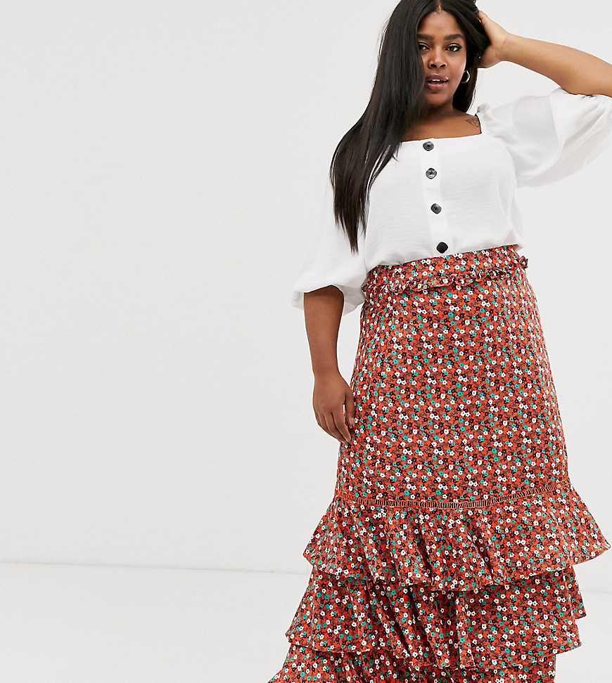 Glamorous Curve midi skirt with ruffle layers in ditsy floral