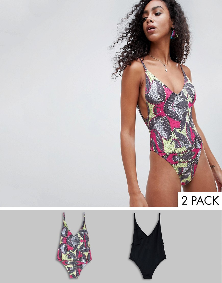 ASOS DESIGN recycled Black And Graphic Print Swimsuit Multi Pack