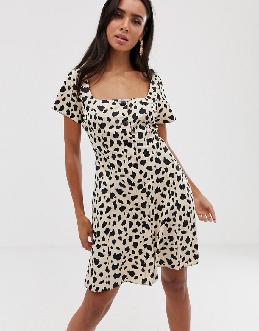 ASOS DESIGN button through mini skater dress in leopard print