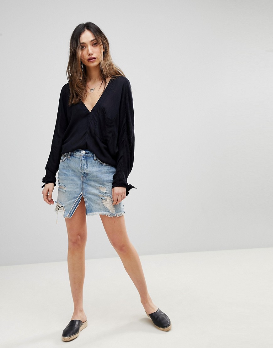 Free People Relaxed and Destroyed Split Denim Skirt