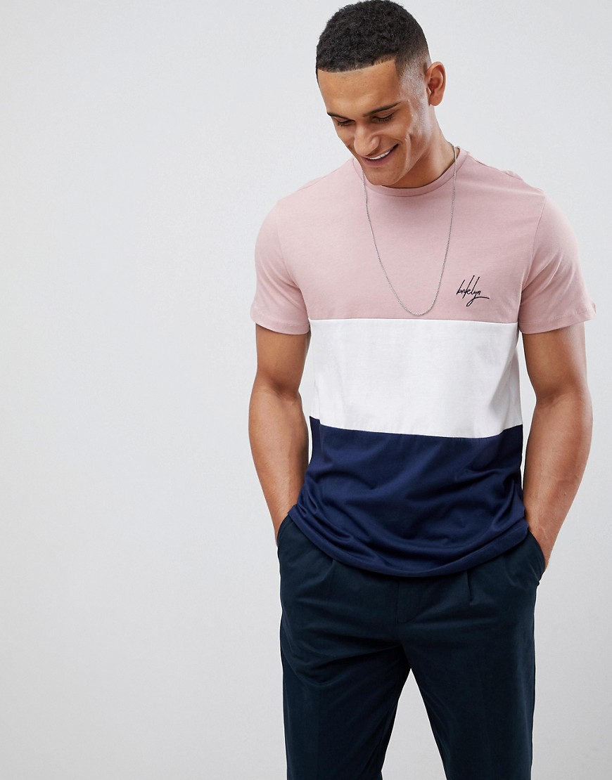 New Look t-shirt with brooklyn embroidery in pink colour block