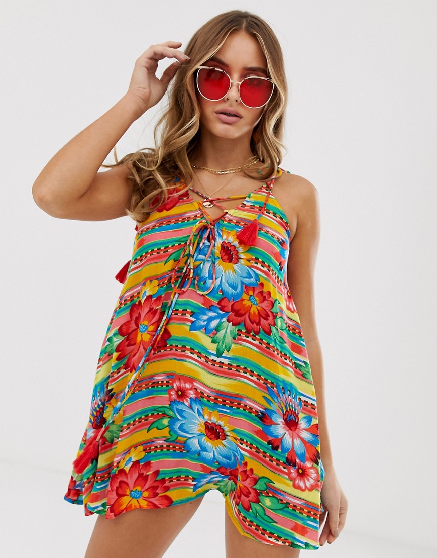 ASOS DESIGN lace up front beach cover up in Mexican floral print