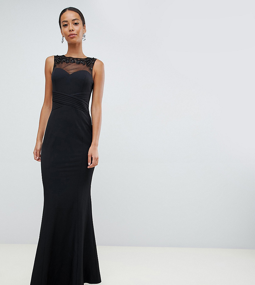 Little Mistress Tall embellished neck pleated maxi dress in black