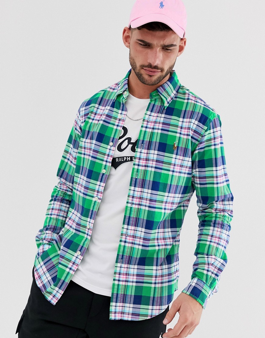Polo Ralph Lauren player logo check oxford button down shirt slim fit in green