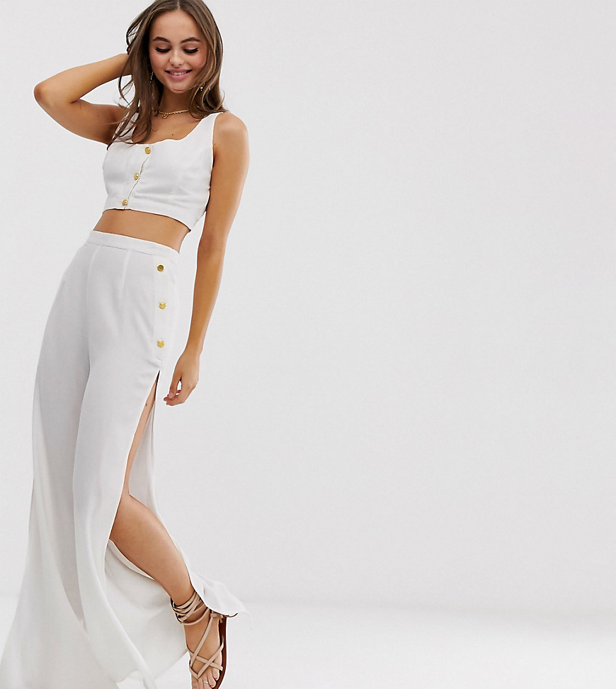 Glamorous Exclusive button crop & beach trouser co-ord in white