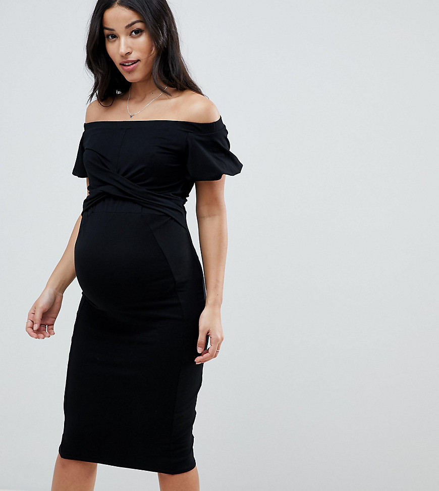 ASOS DESIGN Maternity Nursing bardot midi dress with twist front - Black