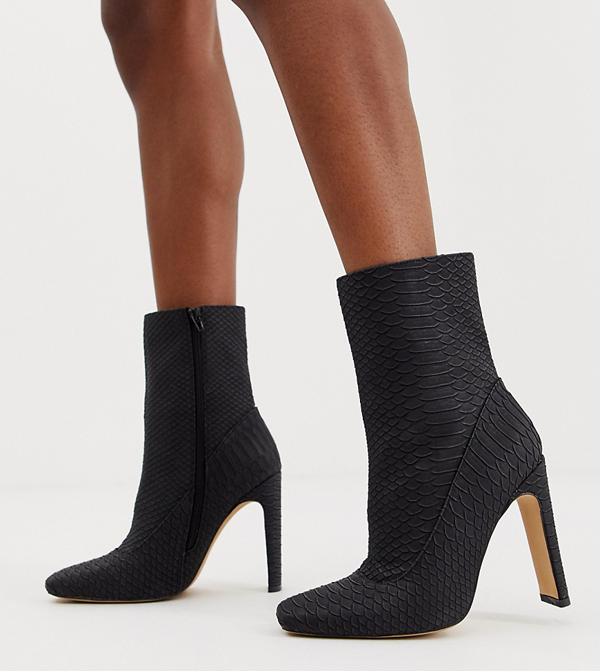 Missguided square toe faux suede ankle boot in black snake