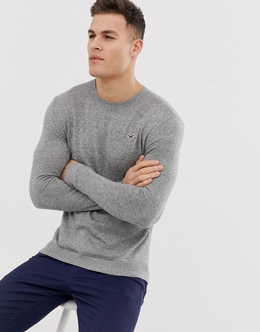 Hollister lightweight muscle fit crew neck knit jumper in grey marl